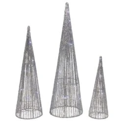 Northlight 23.5 In. LED Lighted Silver Glitter Cone Tree Outdoor Christmas Decorations (Set Of 3)