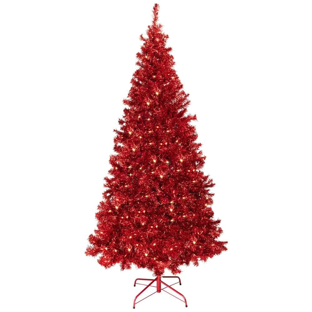 Northlight 7'-Red Pre-Lit Tinsel Artificial Christmas Tree-Clear Lights 1 Northlight 7'-Red Pre-Lit Tinsel Artificial Christmas Tree-Clear Lights