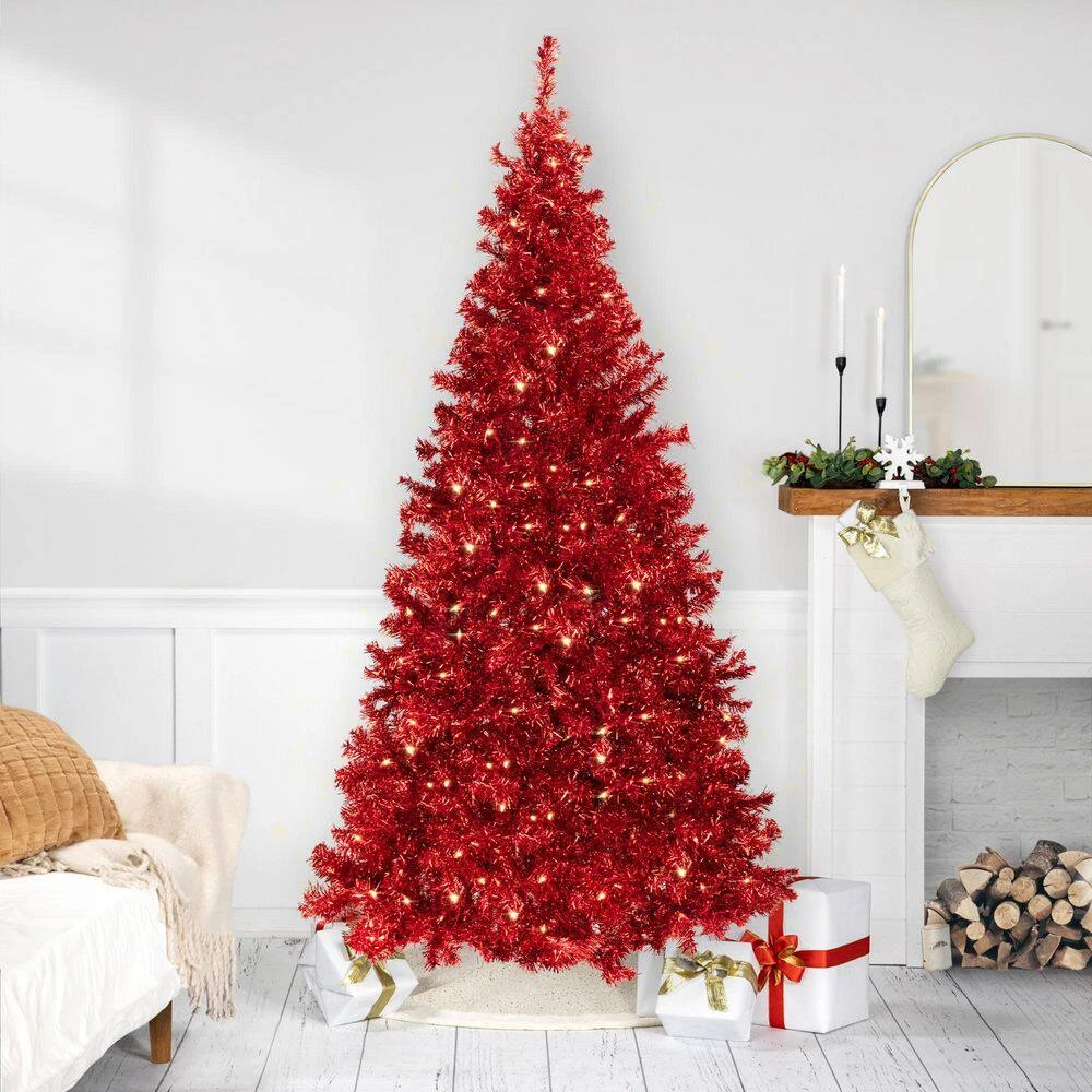 Northlight 7'-Red Pre-Lit Tinsel Artificial Christmas Tree-Clear Lights 2 Northlight 7'-Red Pre-Lit Tinsel Artificial Christmas Tree-Clear Lights - Image 2