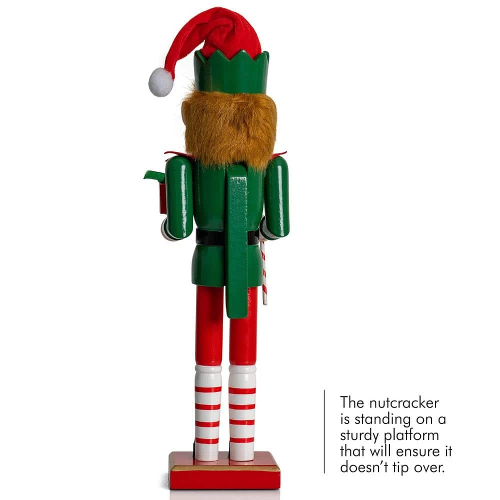 15 In. Wooden Christmas Elf Holiday Nutcracker-Red And Green Elf With Candy Cane And Gift Box Holiday Nutcracker Decor 5 15 In. Wooden Christmas Elf Holiday Nutcracker-Red And Green Elf With Candy Cane And Gift Box Holiday Nutcracker Decor - Image 5