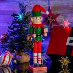 15 In. Wooden Christmas Elf Holiday Nutcracker-Red And Green Elf With Candy Cane And Gift Box Holiday Nutcracker Decor 8 15 In. Wooden Christmas Elf Holiday Nutcracker-Red And Green Elf With Candy Cane And Gift Box Holiday Nutcracker Decor -Northlight Shop ornativity christmas figurines or 169 4f 1000