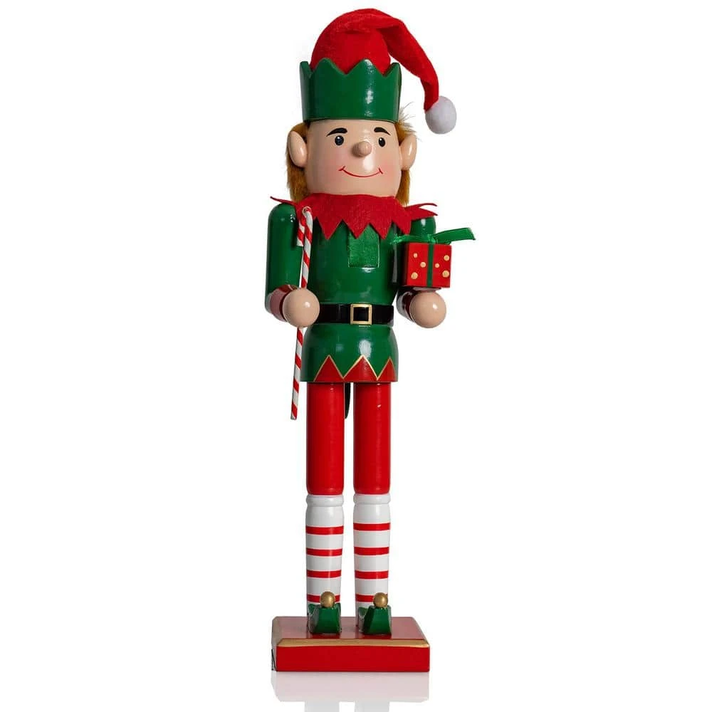 15 In. Wooden Christmas Elf Holiday Nutcracker-Red And Green Elf With Candy Cane And Gift Box Holiday Nutcracker Decor 1 15 In. Wooden Christmas Elf Holiday Nutcracker-Red And Green Elf With Candy Cane And Gift Box Holiday Nutcracker Decor