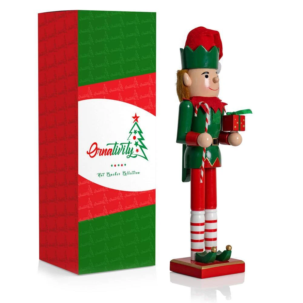 15 In. Wooden Christmas Elf Holiday Nutcracker-Red And Green Elf With Candy Cane And Gift Box Holiday Nutcracker Decor 2 15 In. Wooden Christmas Elf Holiday Nutcracker-Red And Green Elf With Candy Cane And Gift Box Holiday Nutcracker Decor - Image 2