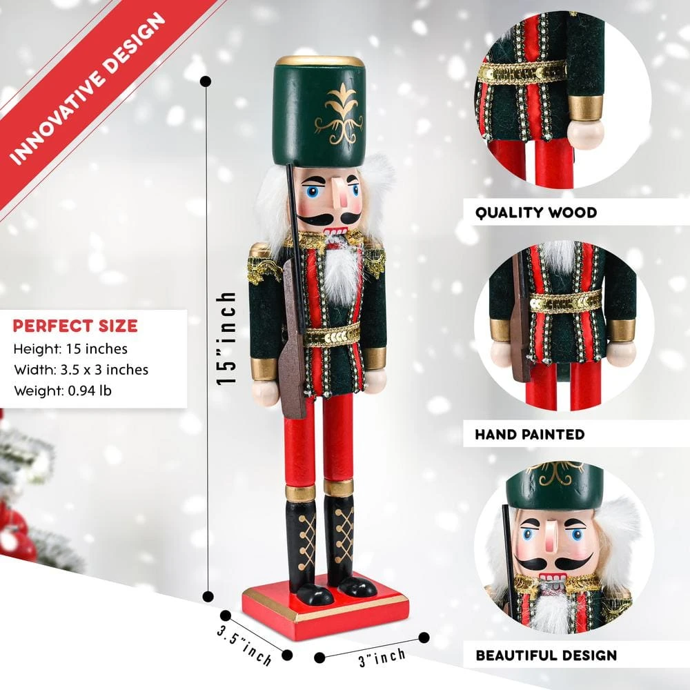 15 In. Wooden Christmas Toy Soldier Nutcracker-Red And Black Nutcracker Soldier With A Rifle Gun, Holiday Nutcracker 6 15 In. Wooden Christmas Toy Soldier Nutcracker-Red And Black Nutcracker Soldier With A Rifle Gun, Holiday Nutcracker - Image 6