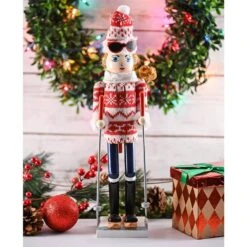 15 In. Wooden Christmas Woman Skier Nutcracker-Red And White Nutcracker Girl With Ugly Sweater And Skis In Skiing Pose -Northlight Shop ornativity christmas figurines or 218 4f 1000