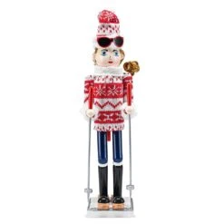 15 In. Wooden Christmas Woman Skier Nutcracker-Red And White Nutcracker Girl With Ugly Sweater And Skis In Skiing Pose