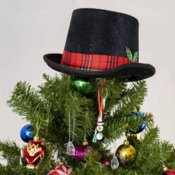 Snowman Hat Tree Topper -Top Hat Christmas Tree Top Decor With Plaid Red Ribbon And Mistletoe Holly And Berry -Northlight Shop ornativity christmas tree toppers or 154 4f 1000