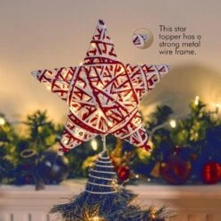 Christmas Rattan Tree Topper - Red And White Xmas Rustic Star LED Light Up Tree Topper Ornament Decoration -Northlight Shop ornativity christmas tree toppers or 182 44 1000