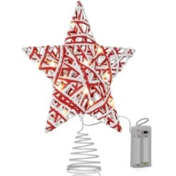 Christmas Rattan Tree Topper - Red And White Xmas Rustic Star LED Light Up Tree Topper Ornament Decoration
