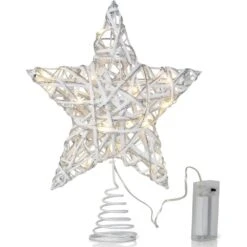 Christmas Rattan Tree Topper - White And Silver Xmas Rustic Star LED Light Up Tree Topper Ornament Decoration