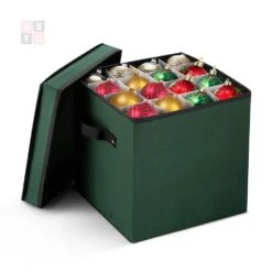13 In. Green 600D Polyester Holiday Ornament Storage Box (64-Ornaments)