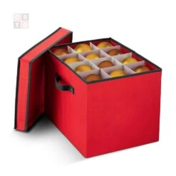 12 In. Red 600D Polyester Holiday Ornament Storage Box (36-Ornaments)