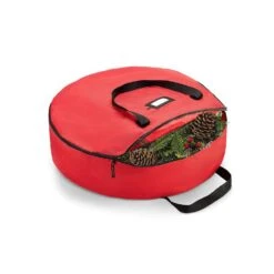 24 In. Red Superior Christmas Wreath Storage Bag, Tear Proof X-Strong 600D Fabric, Artificial Wreath Storage Protection
