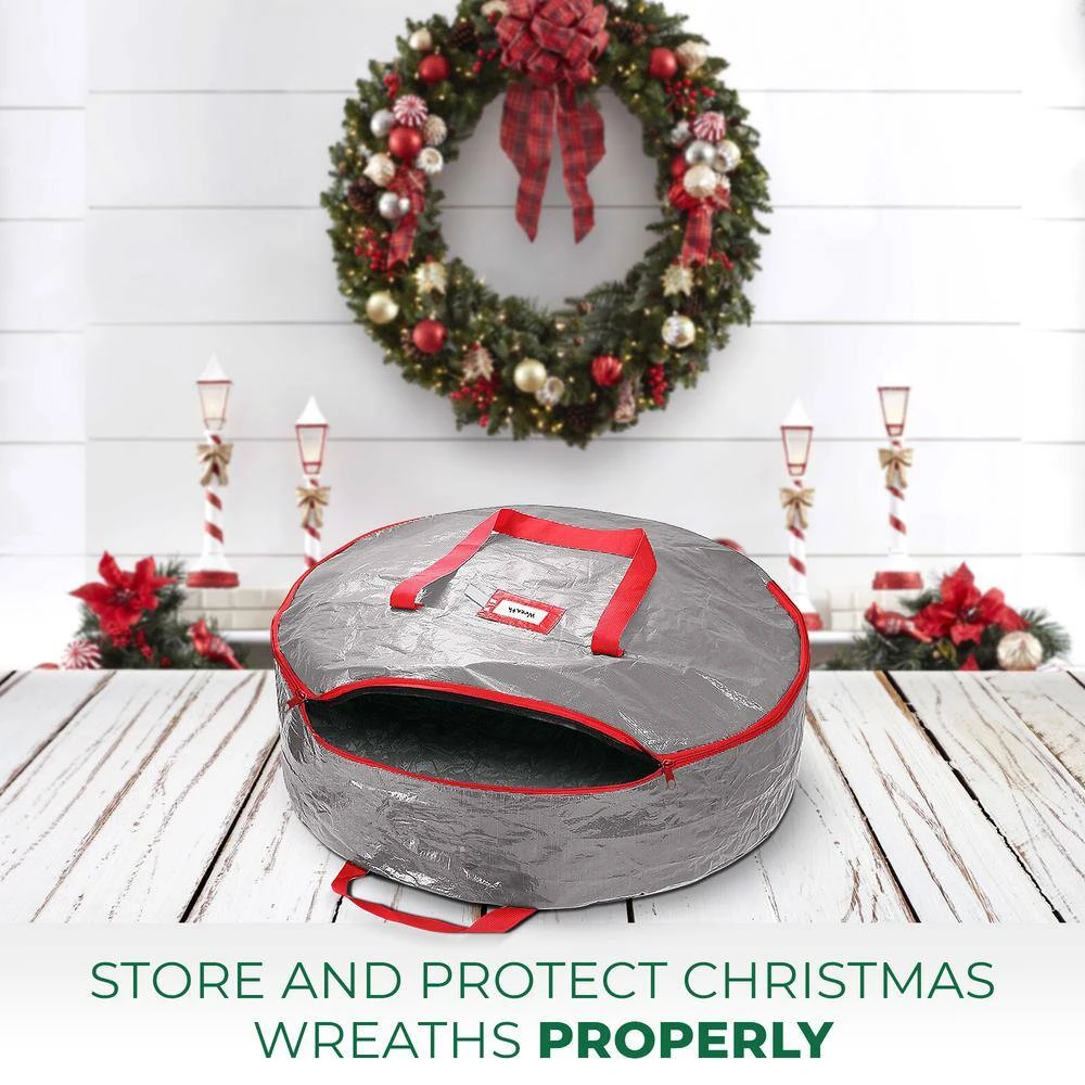 24 In. Gray Water Resistant Christmas Wreath Storage Bag Holder, Artificial Wreaths Plastic Storage Protection 2 24 In. Gray Water Resistant Christmas Wreath Storage Bag Holder, Artificial Wreaths Plastic Storage Protection - Image 2