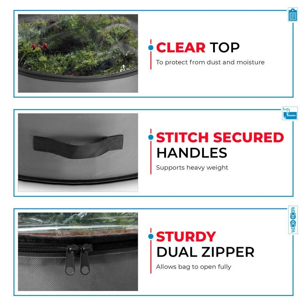 30 In. Artificial Gray With Clear Top Nonwoven Christmas Wreath Storage Bag Holder 2-Pack 3 30 In. Artificial Gray With Clear Top Nonwoven Christmas Wreath Storage Bag Holder 2-Pack - Image 3