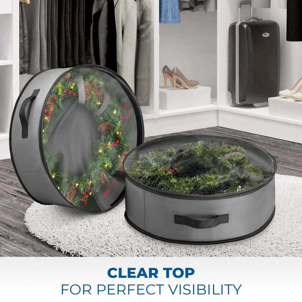 30 In. Artificial Gray With Clear Top Nonwoven Christmas Wreath Storage Bag Holder 2-Pack 2 30 In. Artificial Gray With Clear Top Nonwoven Christmas Wreath Storage Bag Holder 2-Pack - Image 2