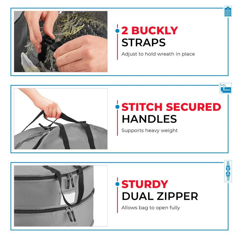 30 In. Artificial Gray Double Christmas Wreath Storage Bag Holder With Pouch For Garlands 3 30 In. Artificial Gray Double Christmas Wreath Storage Bag Holder With Pouch For Garlands - Image 3