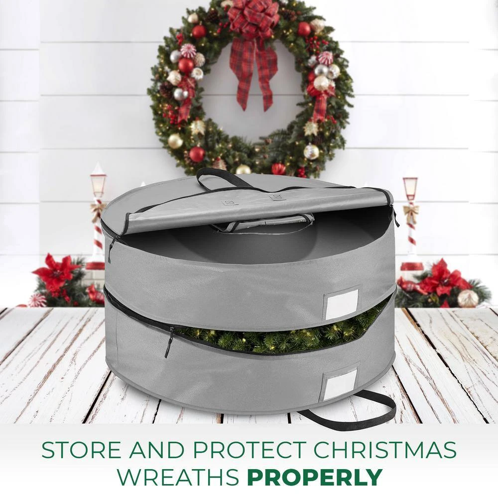 30 In. Artificial Gray Double Christmas Wreath Storage Bag Holder With Pouch For Garlands 2 30 In. Artificial Gray Double Christmas Wreath Storage Bag Holder With Pouch For Garlands - Image 2