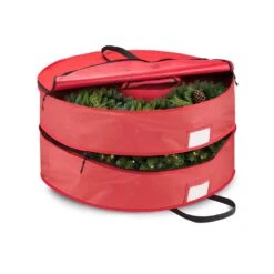 30 In. Red Double Christmas Wreath Storage Bag Holder 600D Oxford, Pouch For Garlands Artificial Wreaths Storage