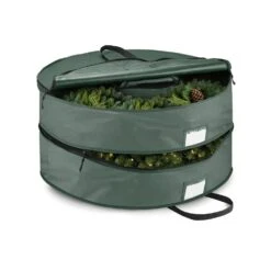 24 In. Green Double Christmas Wreath Storage Bag Holder 600D Oxford, Pouch For Garlands Artificial Wreaths Storage
