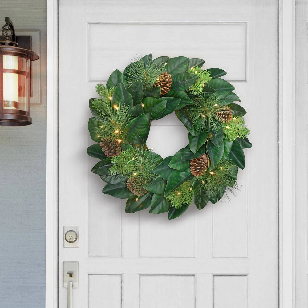24 In. Green Prelit Magnolia Artificial Christmas Wreath With Pinecones 3 24 In. Green Prelit Magnolia Artificial Christmas Wreath With Pinecones - Image 3