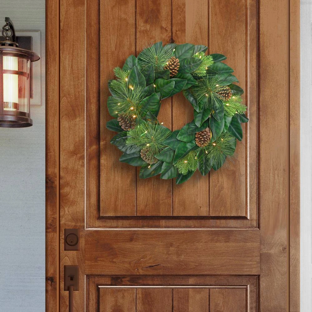 24 In. Green Prelit Magnolia Artificial Christmas Wreath With Pinecones 2 24 In. Green Prelit Magnolia Artificial Christmas Wreath With Pinecones - Image 2
