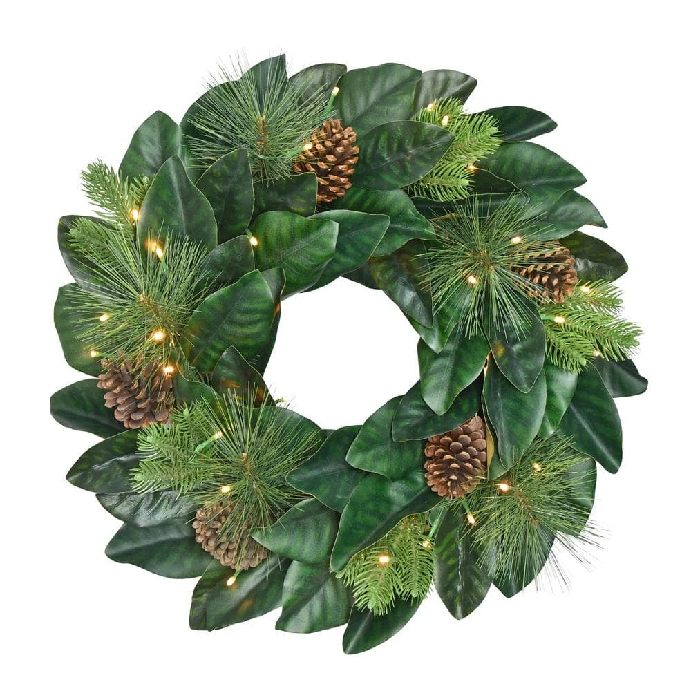 24 In. Green Prelit Magnolia Artificial Christmas Wreath With Pinecones 1 24 In. Green Prelit Magnolia Artificial Christmas Wreath With Pinecones