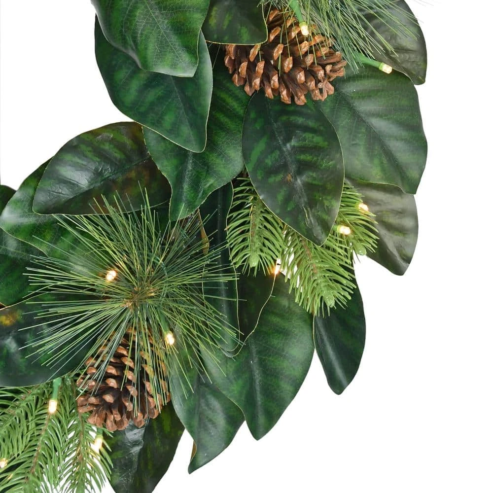 24 In. Green Prelit Magnolia Artificial Christmas Wreath With Pinecones 4 24 In. Green Prelit Magnolia Artificial Christmas Wreath With Pinecones - Image 4