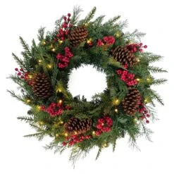 24 In. Pre-Lit Adorned Artificial Christmas Wreath Battery-Operated Warm White LED Lights