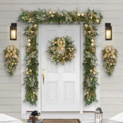 28 In. Gold And Green Battery Operated Prelit Flocked Artificial Christmas Wall Decoration -Northlight Shop puleo international christmas swag 4648 sw28lw07 bo 4f 1000