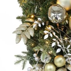28 In. Gold And Green Battery Operated Prelit Flocked Artificial Christmas Wall Decoration -Northlight Shop puleo international christmas swag 4648 sw28lw07 bo fa 1000
