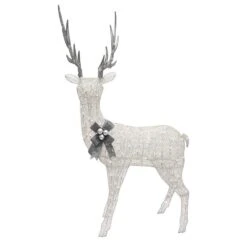 48 In. H Disordered Fabric Mesh White Gold Up Head Deer With-Ul 70 Clear Lights, Silver Antlers, Silver Hang Bell