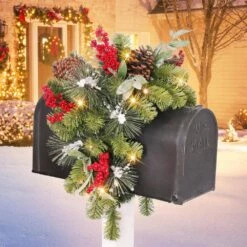 36 In. Green Battery Operated Prelit Artificial Christmas Mailbox Cover -Northlight Shop puleo international christmas yard decorations 4465 st16lw5k025 bo 31 1000