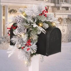 36 In. Green Battery Operated Prelit Flocked Artificial Christmas Mailbox Cover -Northlight Shop puleo international christmas yard decorations 4466 stf16lw5k025 bo 31 1000