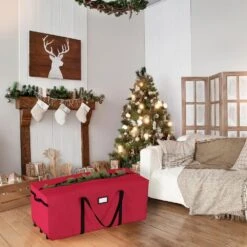 Red Christmas Tree Storage Bag For Artificial Trees Up To 9 Ft. Tall - Rolling Wheeled Canvas Tote With Zipper Closure -Northlight Shop pure garden christmas tree storage 836091vew 76 1000