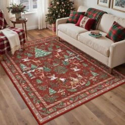 Christmas 4 Ft. X 6 Ft. Red/Green Elk Snowman Christmas Tree Area Rug -Northlight Shop red green haiimeid christmas doormats x25iu0104h 146 e1 1000