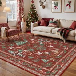 Christmas 5 Ft. X 7 Ft. Red/Green Elk Snowman Christmas Tree Area Rug -Northlight Shop red green haiimeid christmas doormats x25iu0104h 157 e1 1000