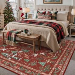 Christmas 6 Ft. X 9 Ft. Red/Green Elk Snowman Christmas Tree Area Rug -Northlight Shop red green haiimeid christmas doormats x25iu0104h 169 40 1000
