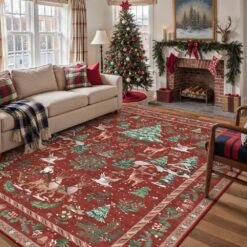 Christmas 8 Ft. X 10 Ft. Red/Green Elk Snowman Christmas Tree Area Rug -Northlight Shop red green haiimeid christmas doormats x25iu0104h 181 40 1000