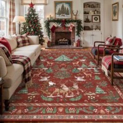 Christmas 9 Ft. X 12 Ft. Red/Green Elk Snowman Christmas Tree Area Rug -Northlight Shop red green haiimeid christmas doormats x25iu0104h 191 40 1000