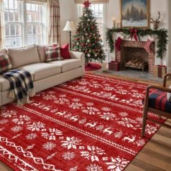 Christmas 8 Ft. X 10 Ft. Red Elk Snowflake Christmas Tree Area Rug -Northlight Shop red white haiimeid christmas doormats x25iu0102h 181 e1 1000