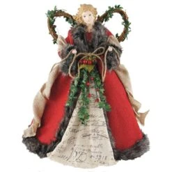 16 In. Angel Tree Topper Red Homespun With Garland