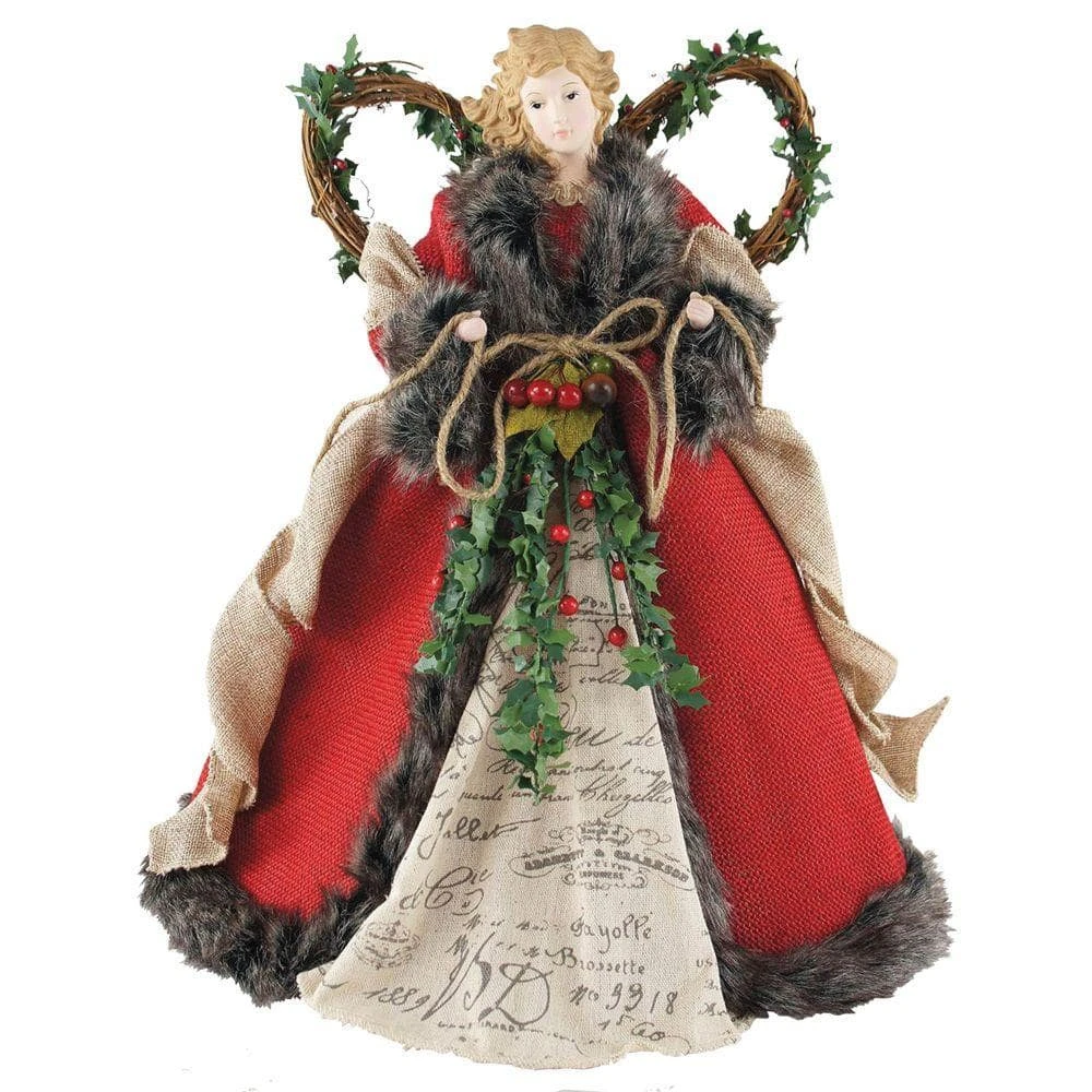 16 In. Angel Tree Topper Red Homespun With Garland 1 16 In. Angel Tree Topper Red Homespun With Garland