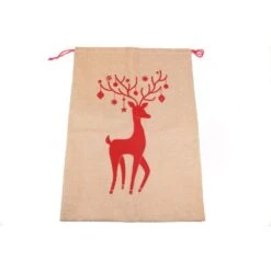 Giant Gift Sac Reindeer Print On Burlap 26.5 In. X 19 In.