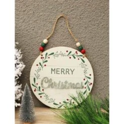 7.875 In. Merry Christmas Wood Wall Hanging Ornament With Wood Bead String Hanger -Northlight Shop single christmas ornaments uh329 c3 1000