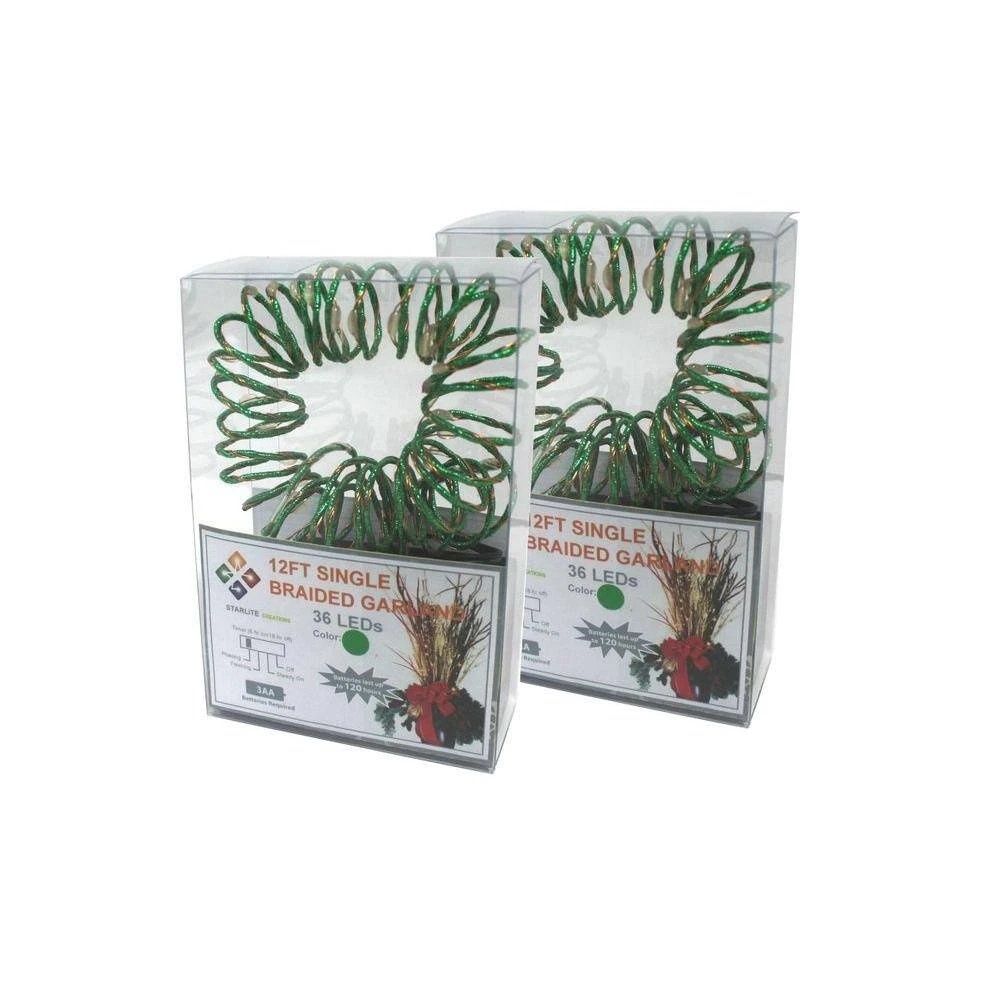 12 Ft. Pre-Lit LED Battery Operated Green Single Braided Garland (Bundle Of 2) 2 12 Ft. Pre-Lit LED Battery Operated Green Single Braided Garland (Bundle Of 2) - Image 2