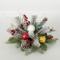 7" Shiny Ball Frosted Pine Artificial Christmas Orb Centerpiece, Multicolor