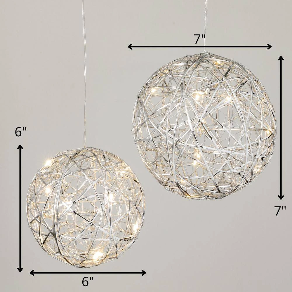 7 In. And 6 In. Lighted Silver Hanging Globes - Set Of 2, Silver Christmas Ornaments 4 7 In. And 6 In. Lighted Silver Hanging Globes - Set Of 2, Silver Christmas Ornaments - Image 4