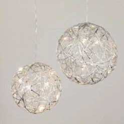 7 In. And 6 In. Lighted Silver Hanging Globes - Set Of 2, Silver Christmas Ornaments