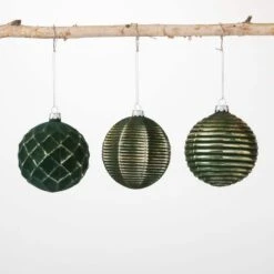 4 In. Gold Green Textured Ornaments (Set Of 3)